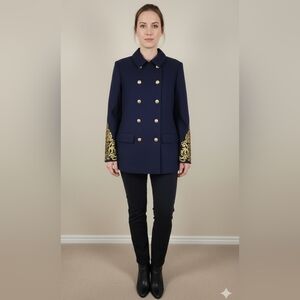 Wonder Navy Gold Wool Double Breasted Blazer | Size 10 | Embroidered Cuffs NWT